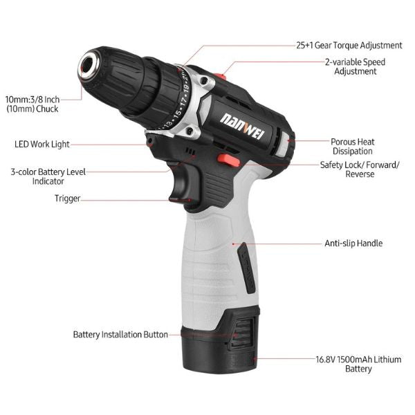 Aku bušilica NANWEI sa 2 baterije