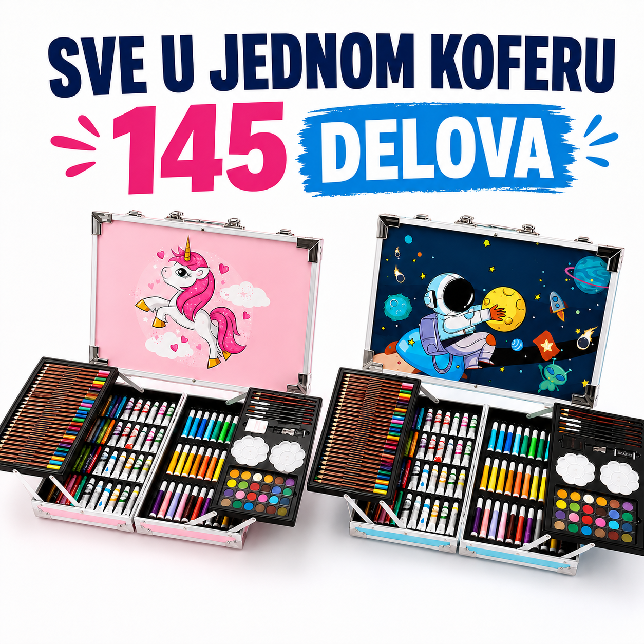 Metalni kofer sa bojicama i flomasterima, set 145 kom