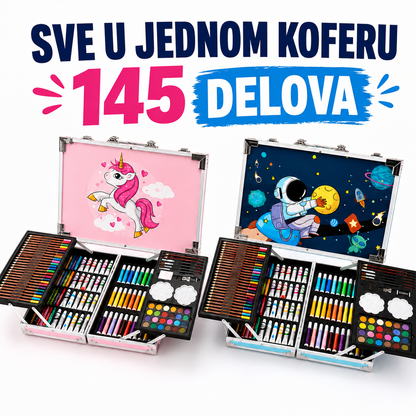 Metalni kofer sa bojicama i flomasterima, set 145 kom